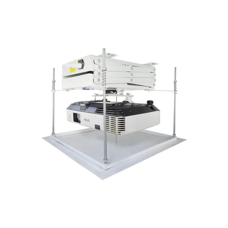 Electric ceiling lifting hanger for projectors with ultra-thin chassis and wireless remote control on a white background