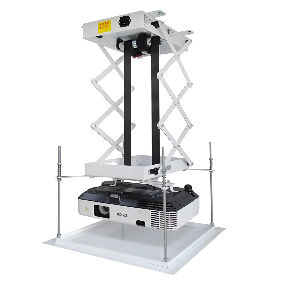Electric ceiling lifting hanger for projectors with ultra-thin chassis and wireless remote control on a white background