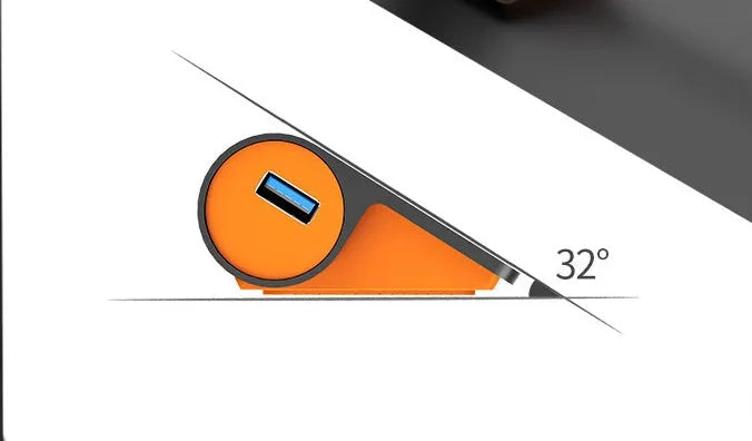 Dark grey and orange aluminium USB C hub with four USB 3.1 ports and a separate cable.