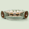 Collapsible washable fabric cat tunnel showing bar, coffee, matcha, and pink colour options