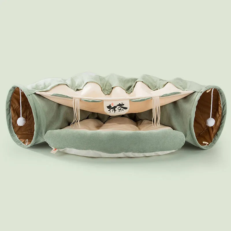 Collapsible washable fabric cat tunnel showing bar, coffee, matcha, and pink colour options