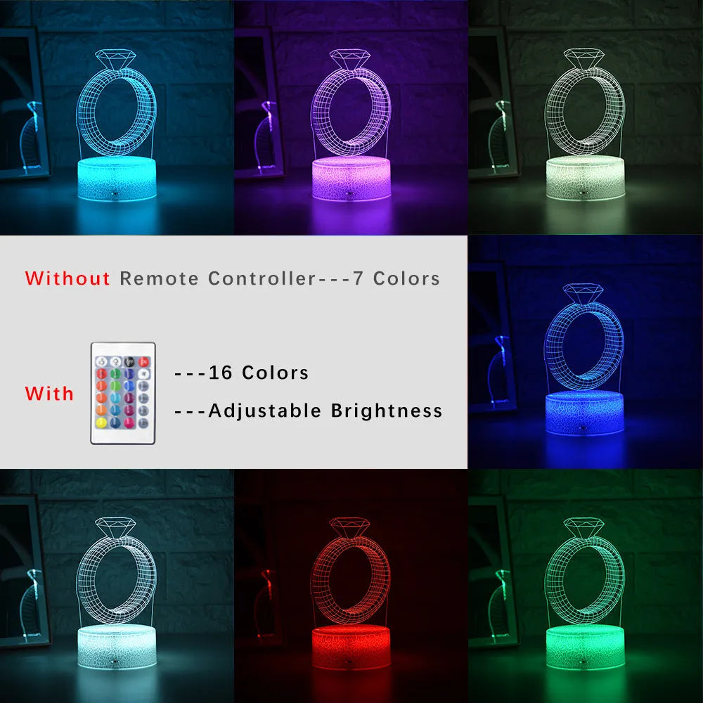3D diamond ring LED night light with colour-changing LEDs in an acrylic and ABS plastic housing.