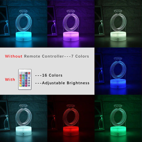3D diamond ring LED night light with colour-changing LEDs in an acrylic and ABS plastic housing.