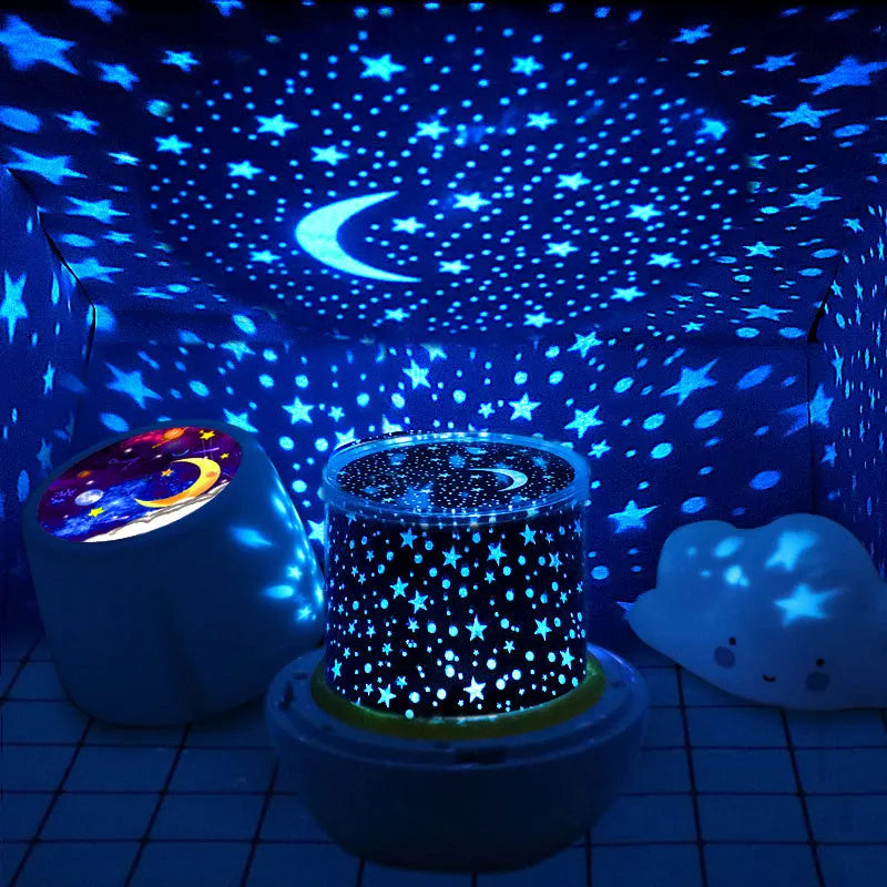 Pruixin PRX1363 remote control LED projector night light projecting star patterns on a ceiling.