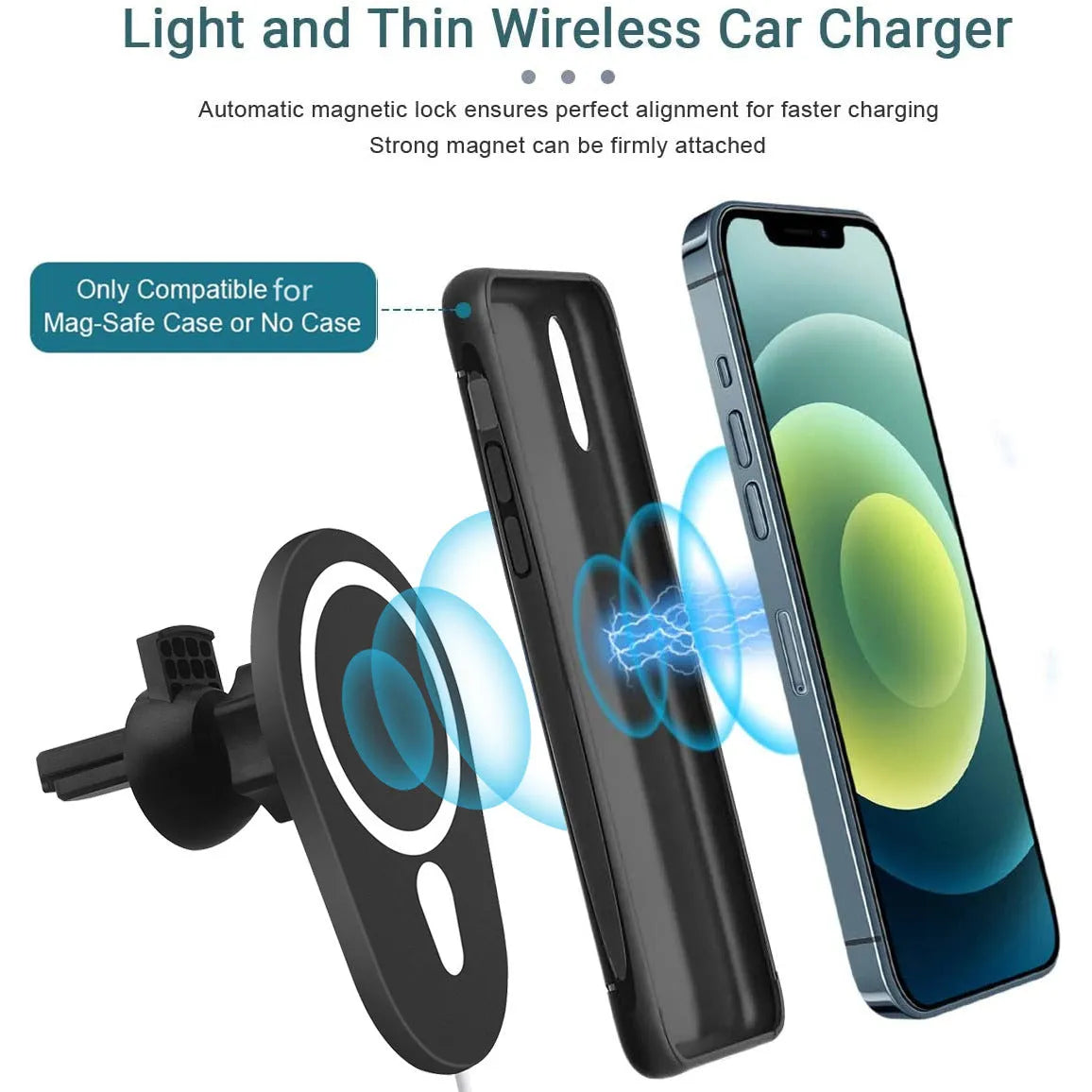 Magnetic suction wireless car charger 15W in black with indicator light for mobile phones