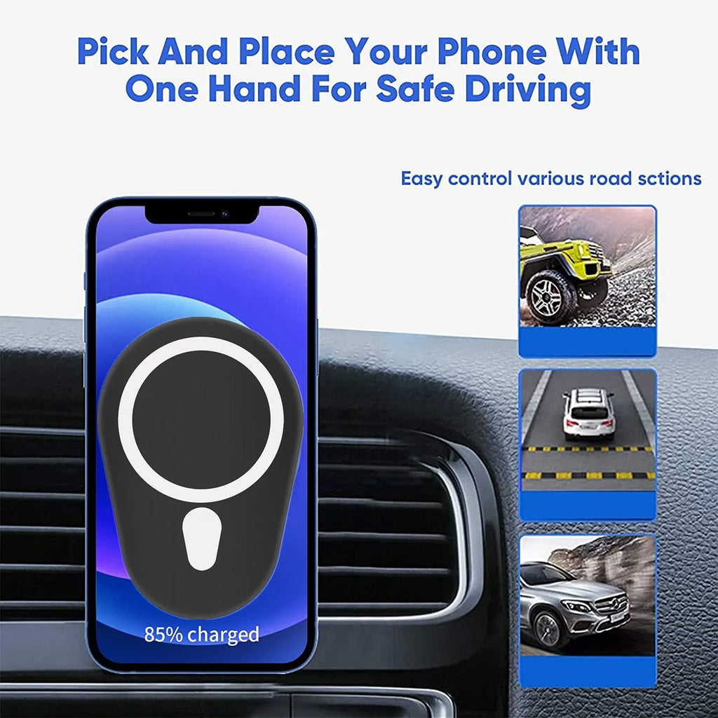 Magnetic suction wireless car charger 15W in black with indicator light for mobile phones