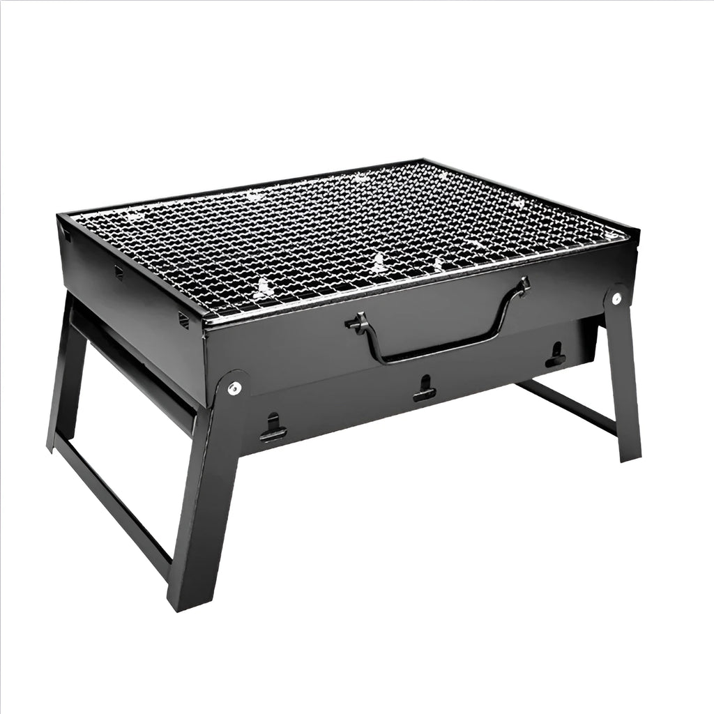 Folding portable charcoal barbecue grill on outdoor table showing 35x27x20cm cooking area
