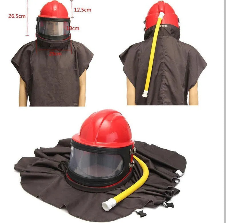 Oxygen-Supply Sandblasting Helmet with Thermostat, One-Piece Design, Dustproof and Sealed Sandblasting Helmet for Spraying and Anti-Odor Use, CE Standard, 350x320x280mm, Adjustable Temperature, Vent Holes, Net Bag Plus Sponge Hat Lining, HY02 Style
