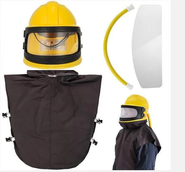 Oxygen-Supply Sandblasting Helmet with Thermostat, One-Piece Design, Dustproof and Sealed Sandblasting Helmet for Spraying and Anti-Odor Use, CE Standard, 350x320x280mm, Adjustable Temperature, Vent Holes, Net Bag Plus Sponge Hat Lining, HY02 Style