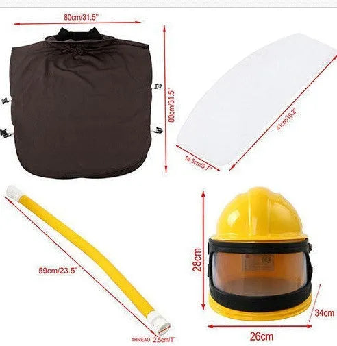 Oxygen-Supply Sandblasting Helmet with Thermostat, One-Piece Design, Dustproof and Sealed Sandblasting Helmet for Spraying and Anti-Odor Use, CE Standard, 350x320x280mm, Adjustable Temperature, Vent Holes, Net Bag Plus Sponge Hat Lining, HY02 Style