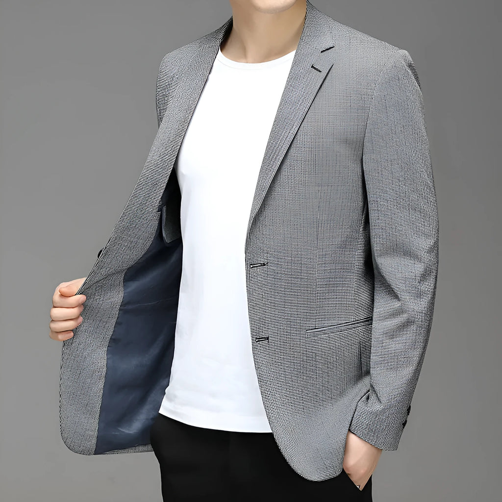 Men's Korean plaid non-iron slim fit casual suit coat in gray with notch lapel and two-button closure