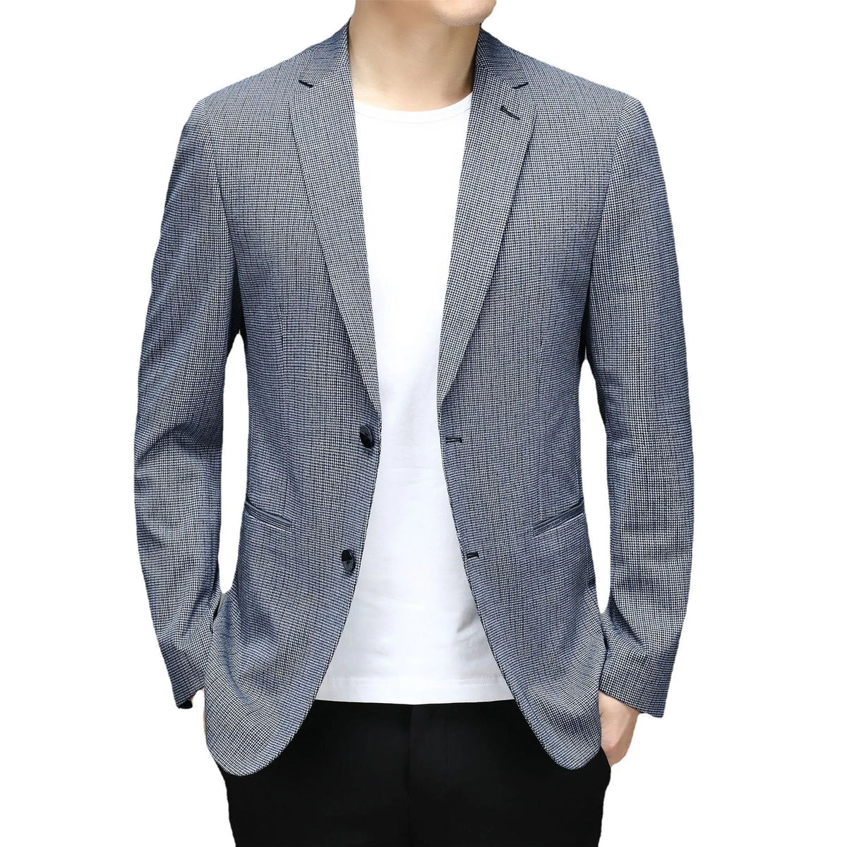 Men's Korean plaid non-iron slim fit casual suit coat in gray with notch lapel and two-button closure