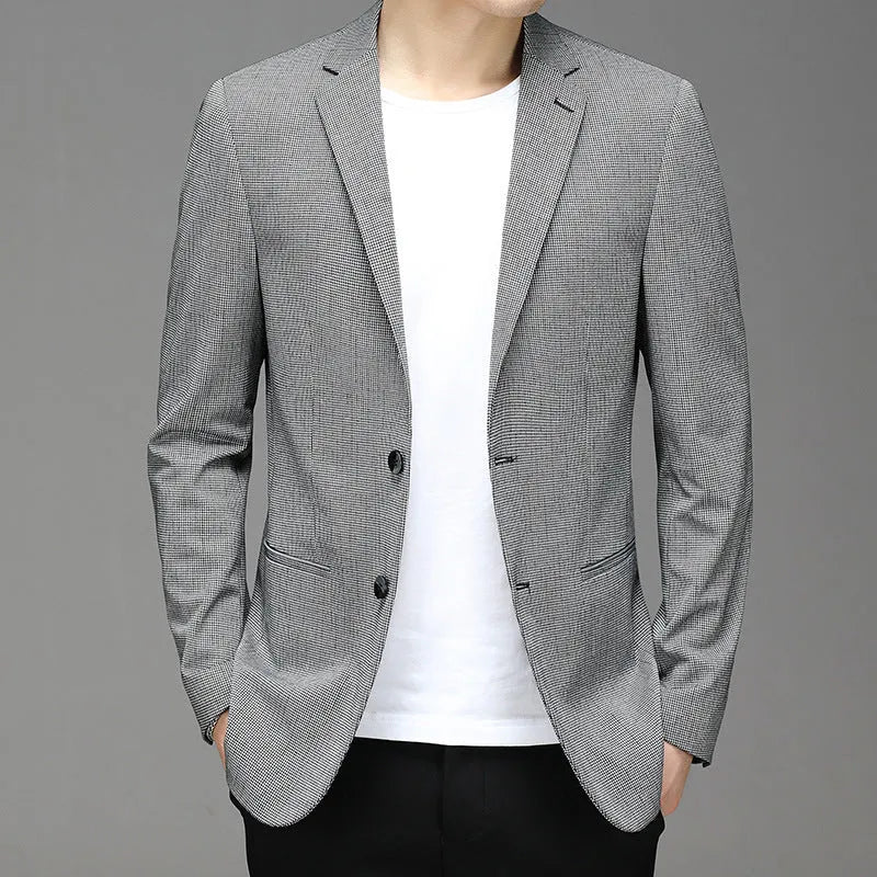 Men's Korean plaid non-iron slim fit casual suit coat in gray with notch lapel and two-button closure