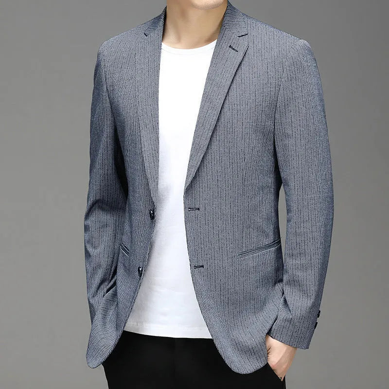 Men's Korean plaid non-iron slim fit casual suit coat in gray with notch lapel and two-button closure