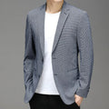 Men's Korean plaid non-iron slim fit casual suit coat in gray with notch lapel and two-button closure