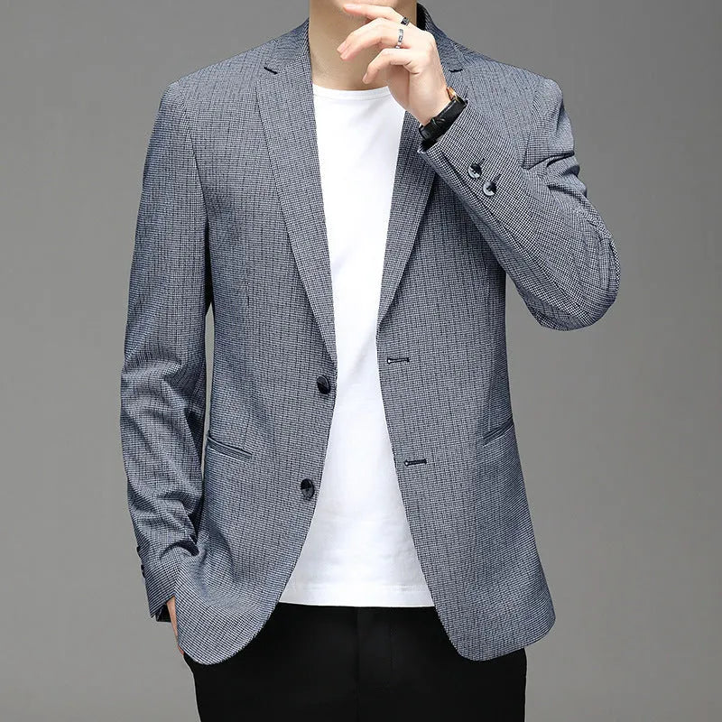 Men's Korean plaid non-iron slim fit casual suit coat in gray with notch lapel and two-button closure