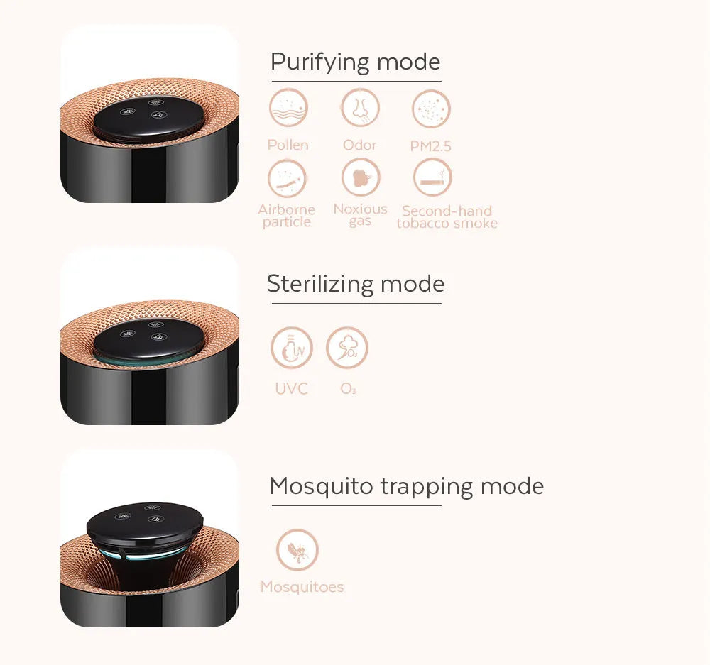 Household photocatalyst mosquito killer air purifier with UV ozone sterilisation for rooms under 20 square metres, black colour, front view