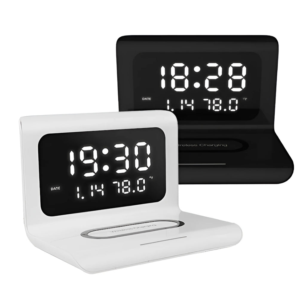 White wireless charger alarm clock showing time, date, and temperature on digital display