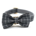 Grey plaid nylon dog collar with golden metal button, adjustable S to XL, with matching leash and bow options