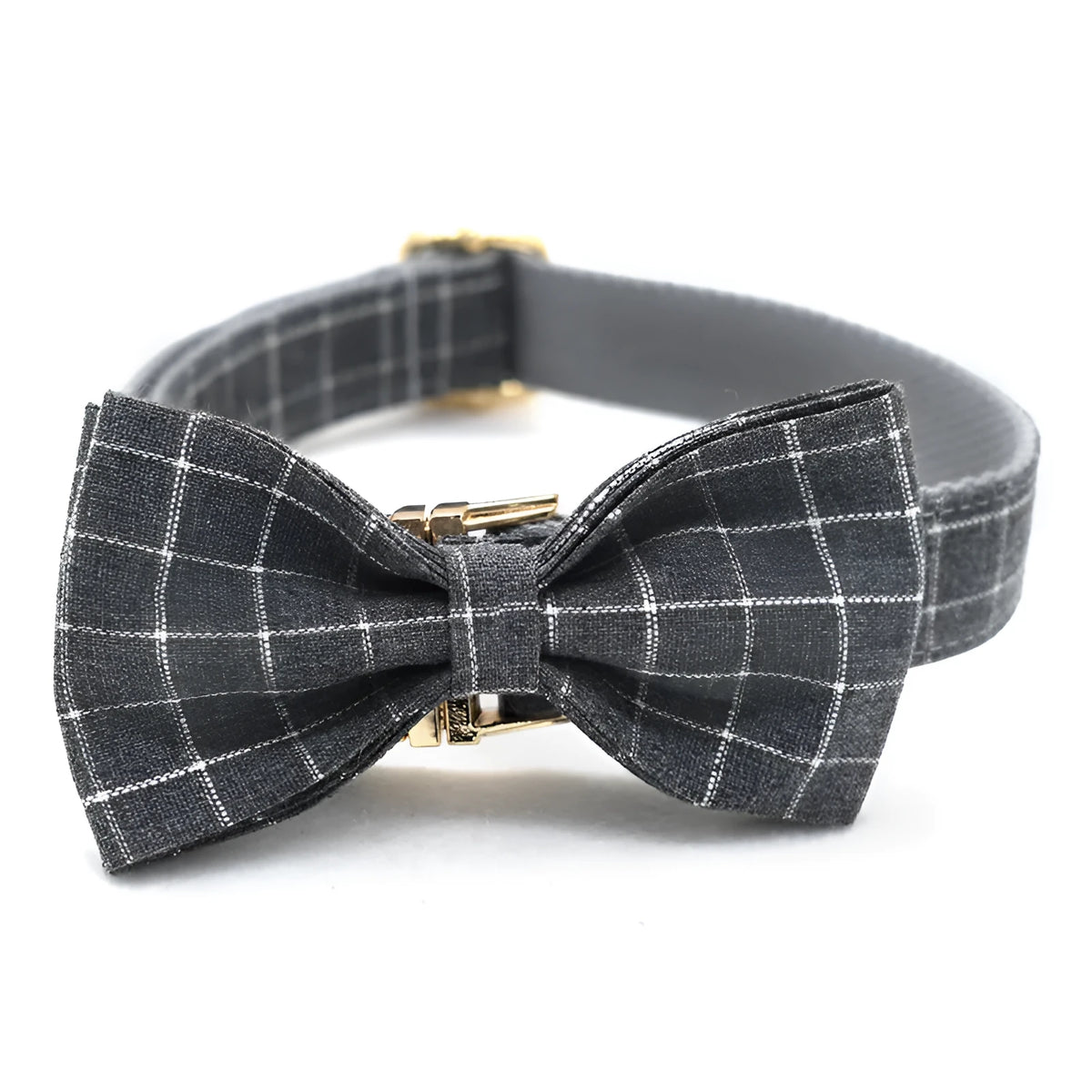 Grey plaid nylon dog collar with golden metal button, adjustable S to XL, with matching leash and bow options