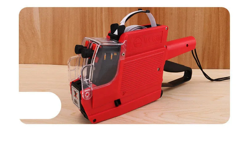 Manual price coding machine in blue, red, or yellow with label paper and ink roller for shop labelling.