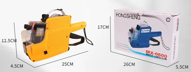 Manual price coding machine in blue, red, or yellow with label paper and ink roller for shop labelling.