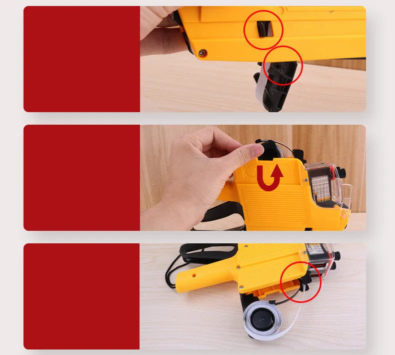 Manual price coding machine in blue, red, or yellow with label paper and ink roller for shop labelling.