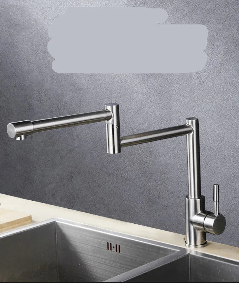 Silver stainless steel kitchen tap with rotating spout showing 360-degree movement capability