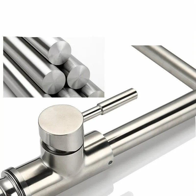 Silver stainless steel kitchen tap with rotating spout showing 360-degree movement capability