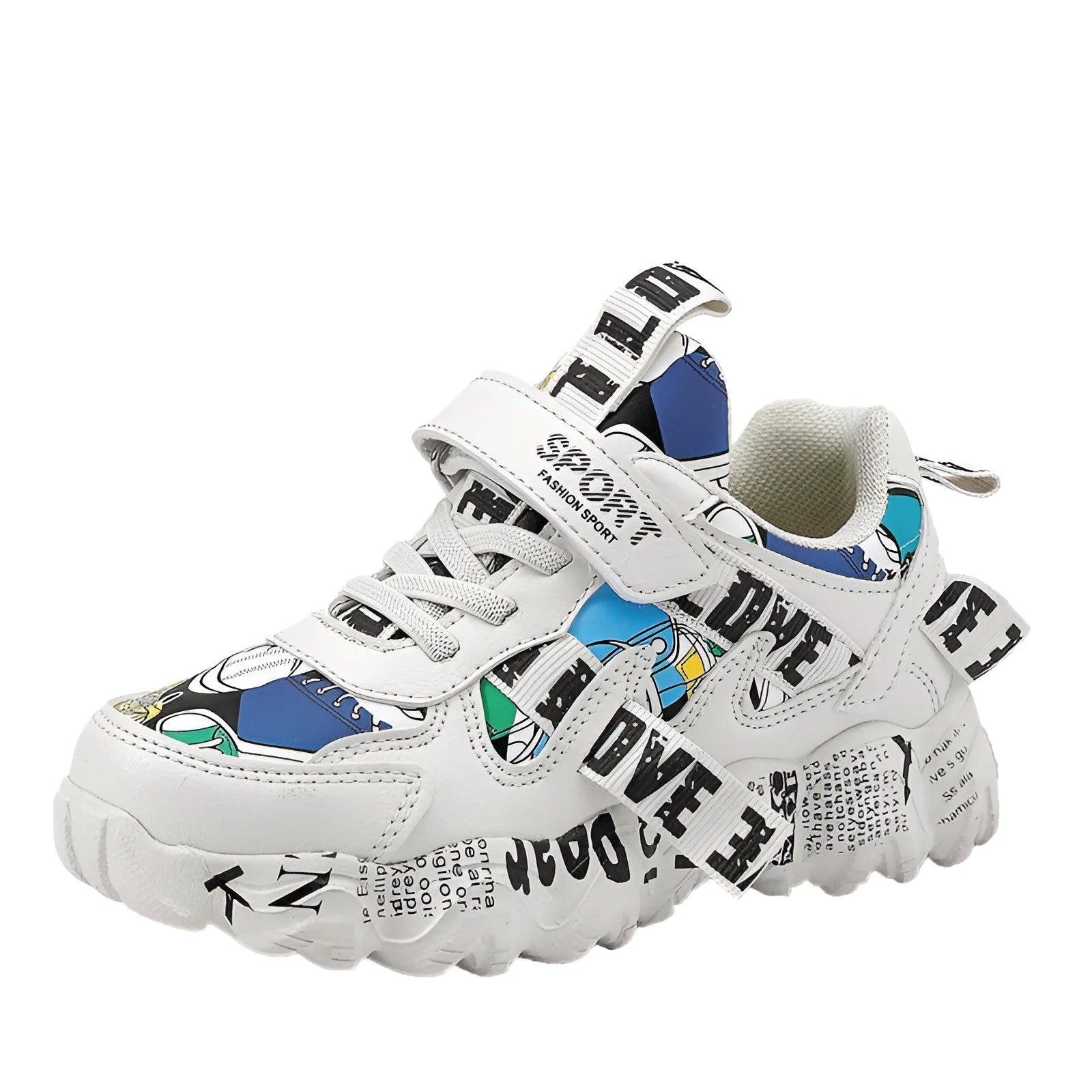 Boys' blue and beige Velcro sneakers with a rubber sole on a white background