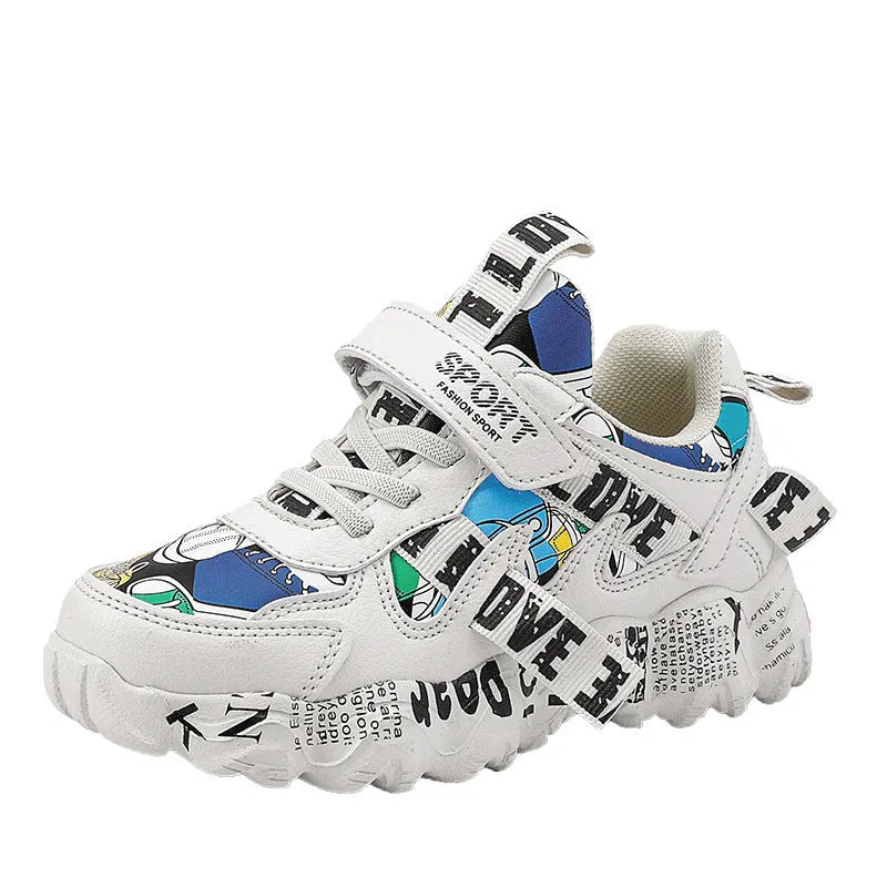 Boys' blue and beige Velcro sneakers with a rubber sole on a white background