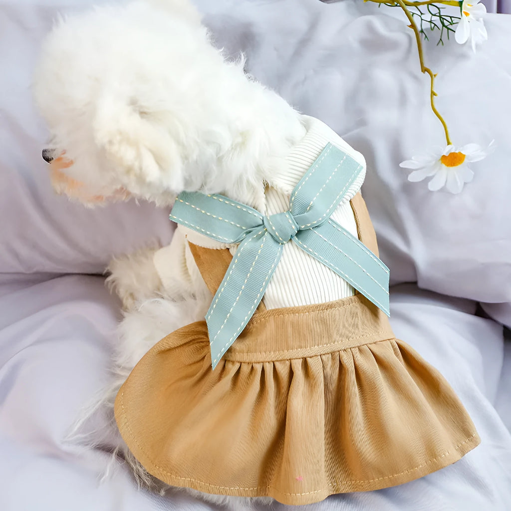Khaki bowknot student dress for dogs and cats made from polyester in sizes XS to XL