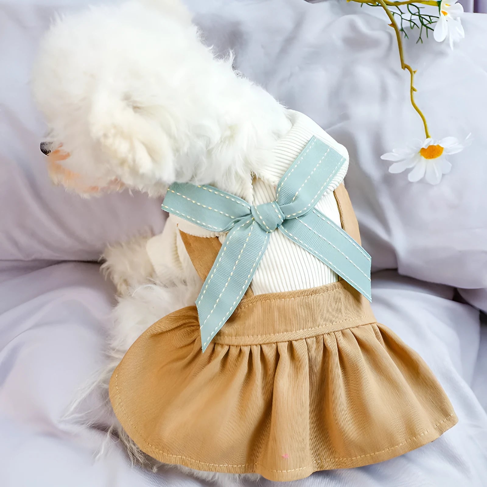 Khaki bowknot student dress for dogs and cats made from polyester in sizes XS to XL