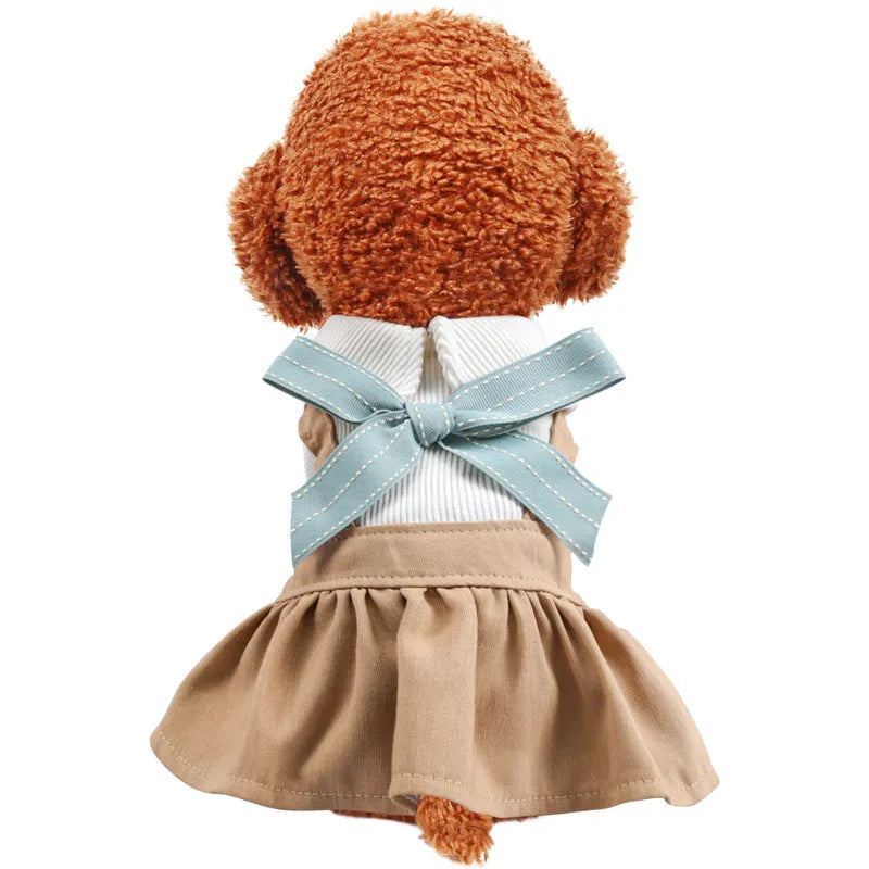 Khaki bowknot student dress for dogs and cats made from polyester in sizes XS to XL