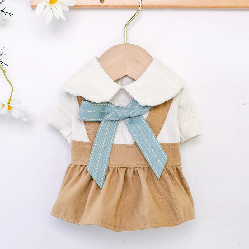 Khaki bowknot student dress for dogs and cats made from polyester in sizes XS to XL