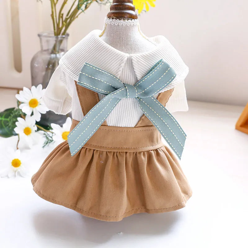 Khaki bowknot student dress for dogs and cats made from polyester in sizes XS to XL