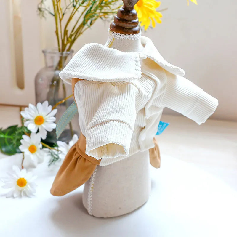 Khaki bowknot student dress for dogs and cats made from polyester in sizes XS to XL