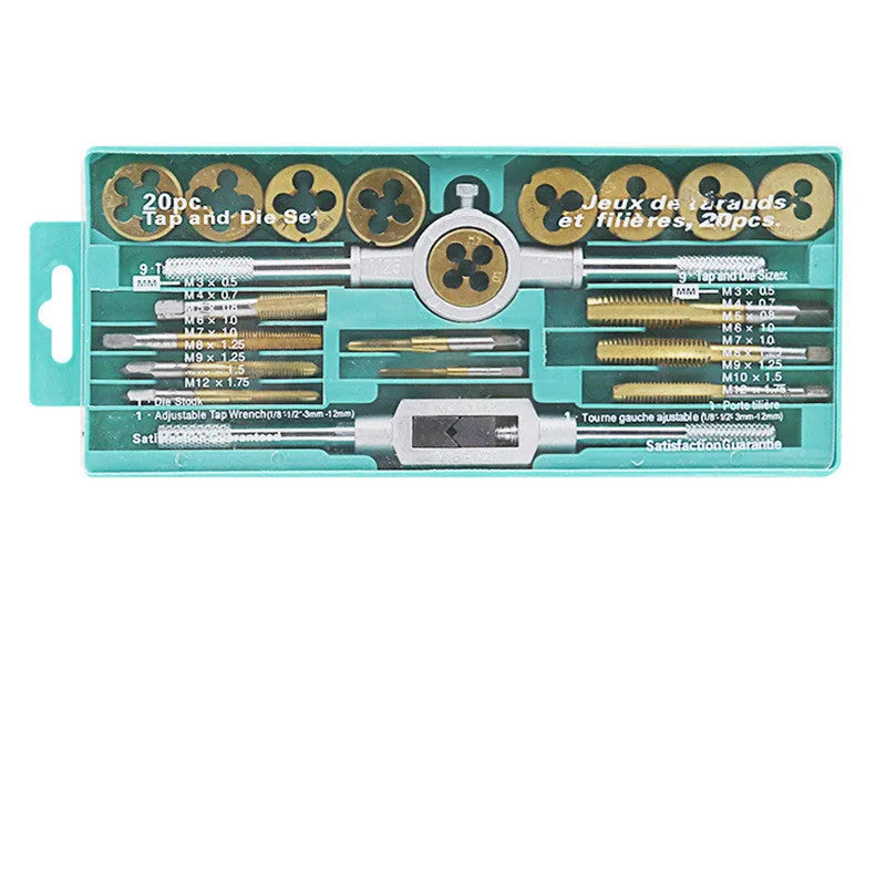 20-piece metric tap and die set with alloy steel construction in silver or titanium-plated finishes