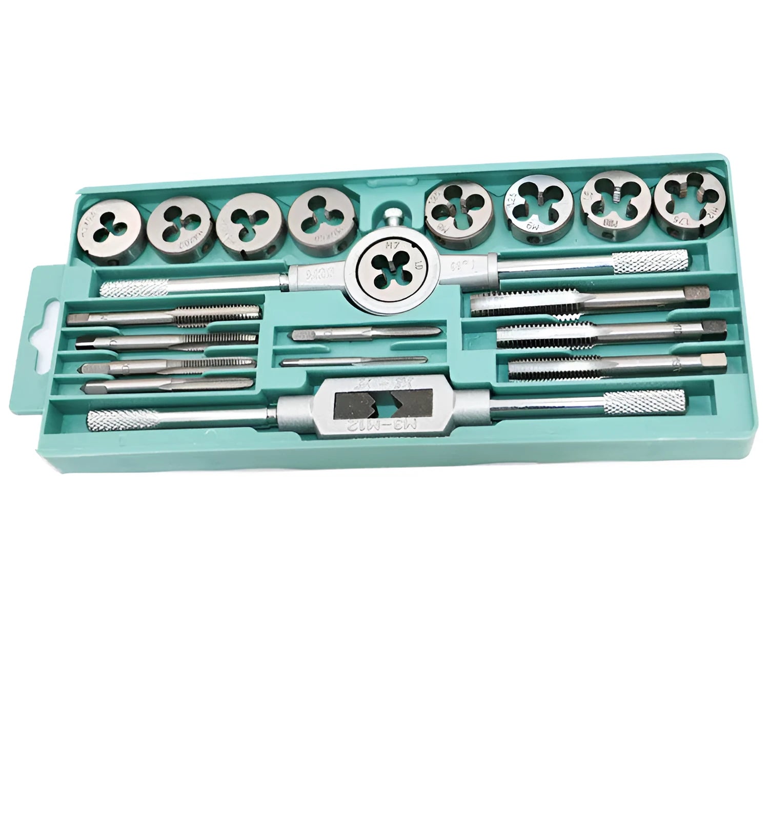 20-piece metric tap and die set with alloy steel construction in silver or titanium-plated finishes