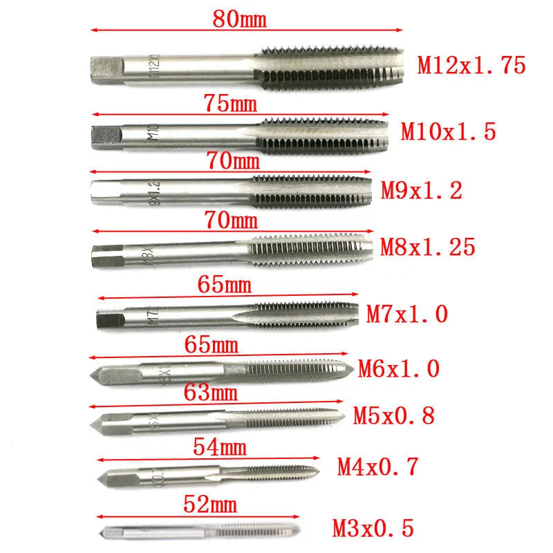 20-piece metric tap and die set with alloy steel construction in silver or titanium-plated finishes