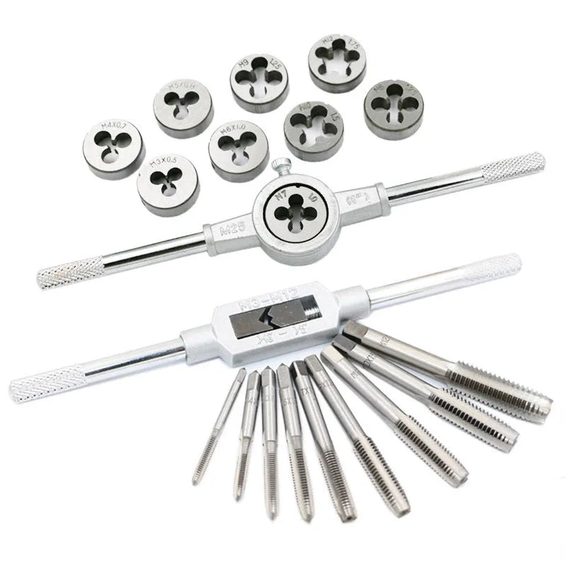 20-piece metric tap and die set with alloy steel construction in silver or titanium-plated finishes