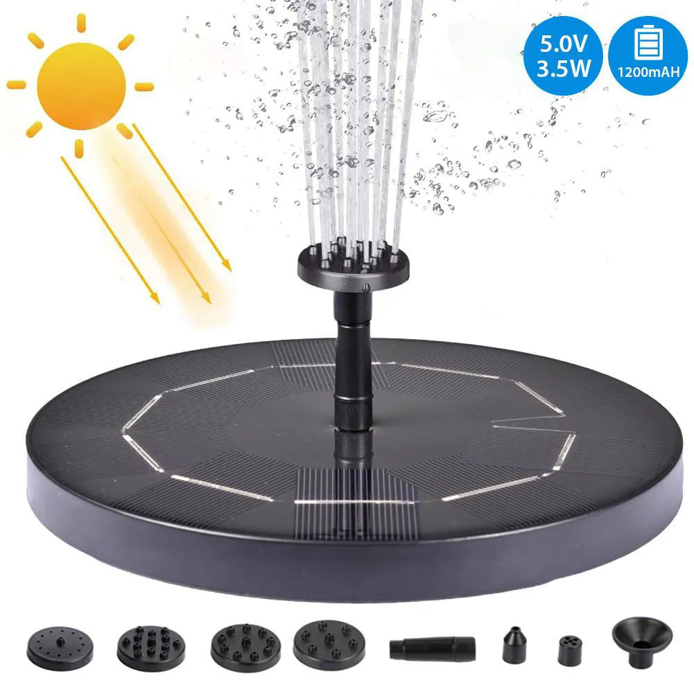 Black solar-powered water fountain pump with four spray nozzles on a 16x16cm base.