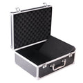 Black aluminium tattoo equipment storage box with hinged lid open showing interior