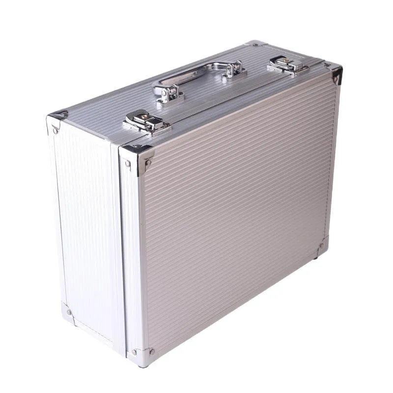Black aluminium tattoo equipment storage box with hinged lid open showing interior
