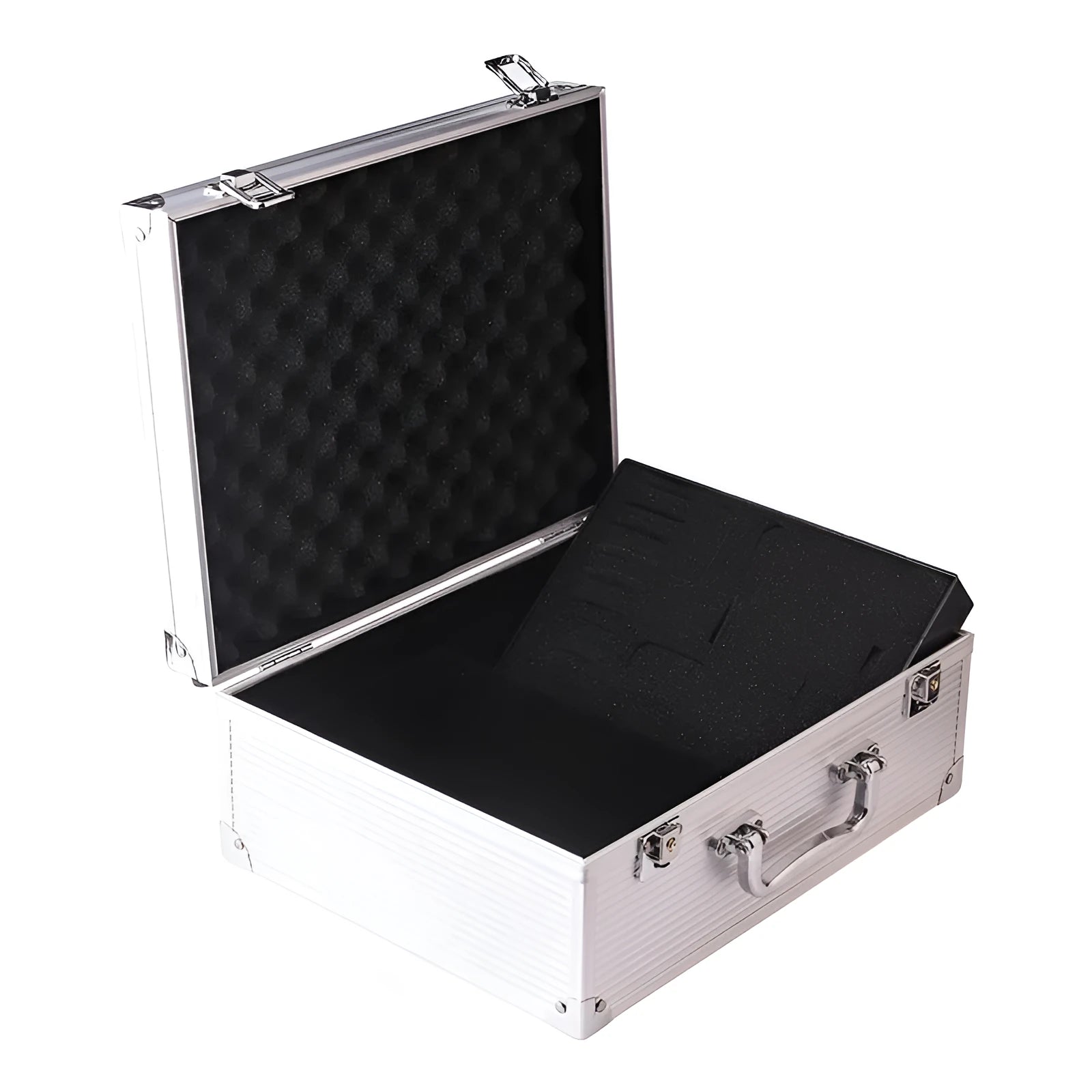 Black aluminium tattoo equipment storage box with hinged lid open showing interior