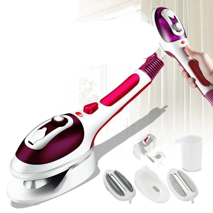 Blue handheld hanging ironing machine with temperature dial and water reservoir