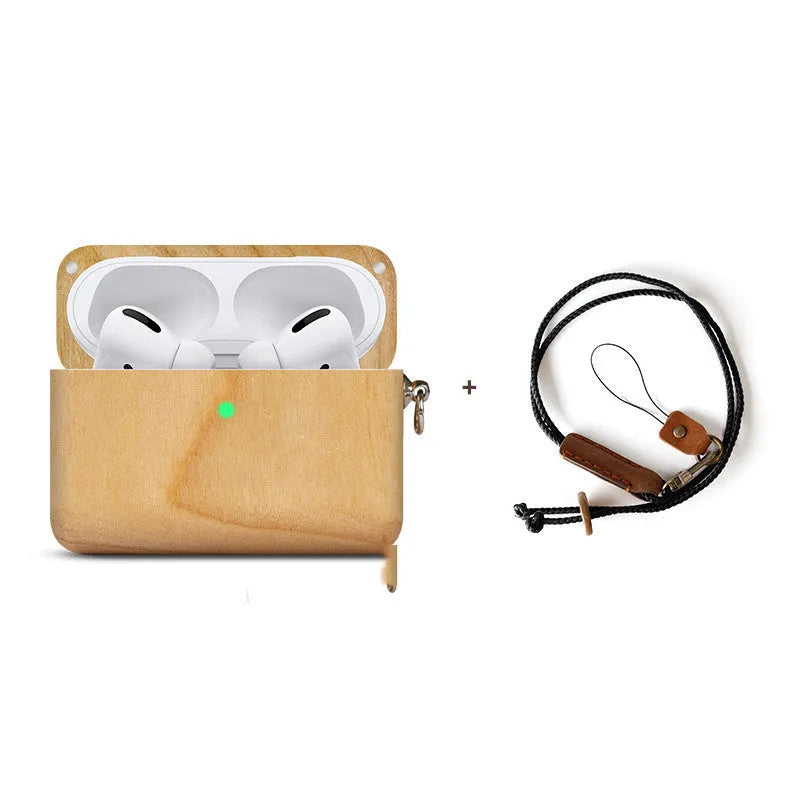 Apple-compatible wireless Bluetooth earphones with solid wood hard shell anti-fall casing