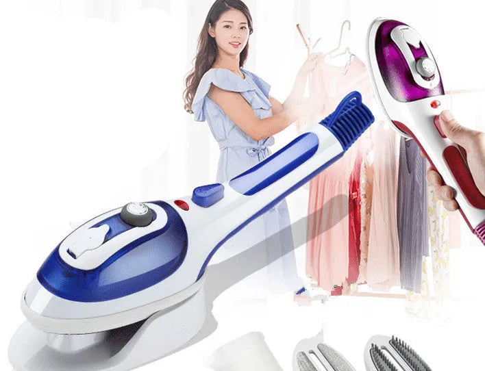 Blue handheld hanging ironing machine with temperature dial and water reservoir