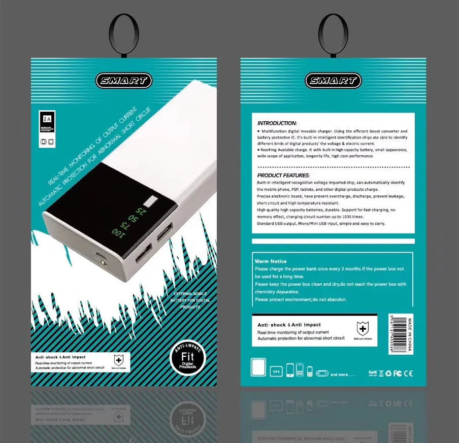 Black 20000mAh power bank with charging cable on a white background