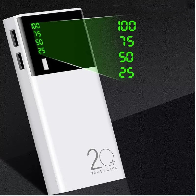 Black 20000mAh power bank with charging cable on a white background